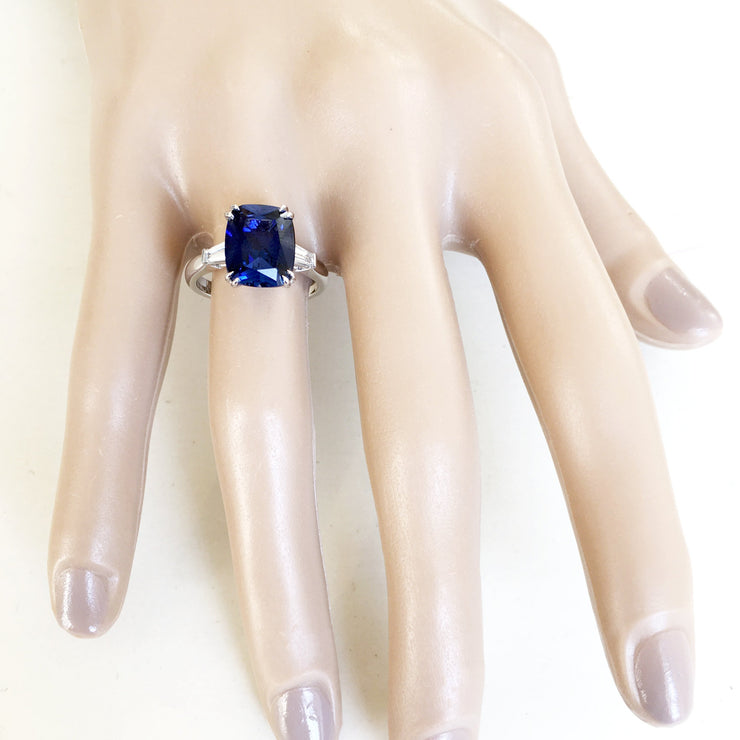 ON HAND: 4 carat lab sapphire with baguette diamond accents. DANA WALDEN BRIDAL.