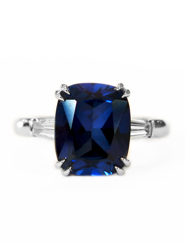 4 carat lab sapphire with baguette diamond accents. DANA WALDEN BRIDAL.