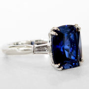 SIDE VIEW 4 carat lab sapphire with baguette diamond accents. DANA WALDEN BRIDAL.