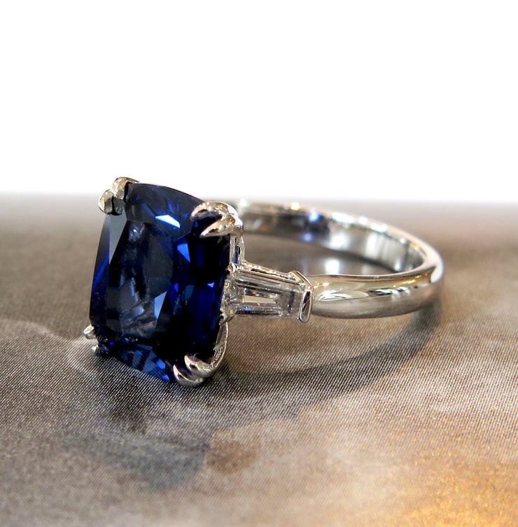 Side view of the Valeria blue sapphire engagement ring by DANA WALDEN BRIDAL.