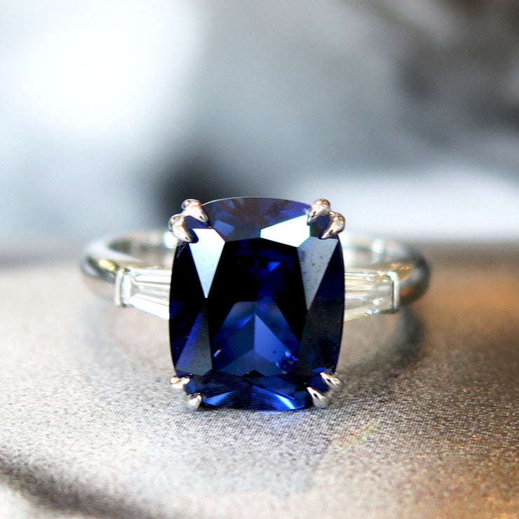 4 carat lab sapphire with baguette diamond accents. DANA WALDEN BRIDAL.