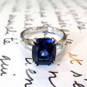 4 carat lab sapphire with baguette diamond accents. DANA WALDEN BRIDAL.