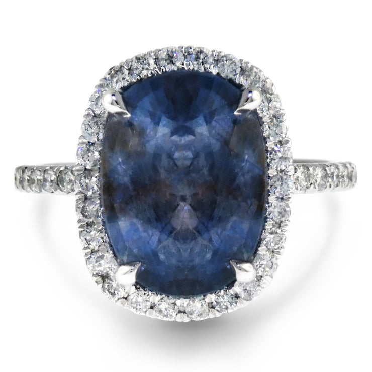 Valora 6 carat blue grey sapphire engagement ring in oval cut white gold with conflict free diamonds
