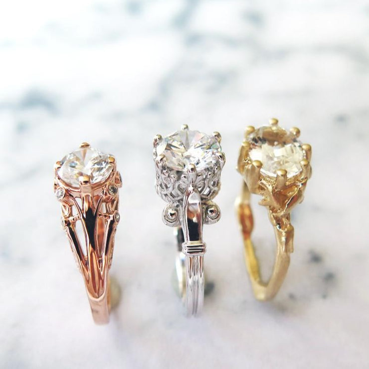 Three handmade unique engagement rings by Dana Walden Bridal.