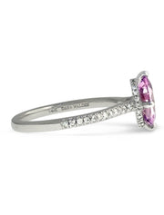 side profile of pale pink sapphire engagement ring with thin diamond band, designed in white gold by Dana Walden Bridal