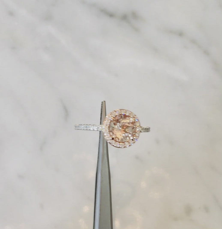 Morganite diamond halo engagement ring set in rose gold and platinum. DANA WALDEN BRIDAL.