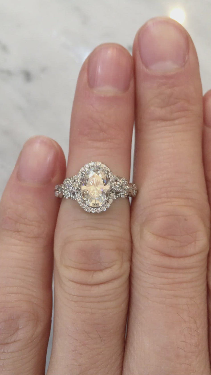 Video of Platinum oval diamond halo engagement ring by Dana Walden in New York City.