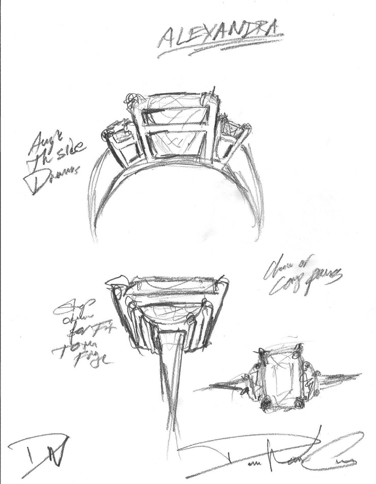 Alexandra three stone sapphire & diamond engagement ring sketch 