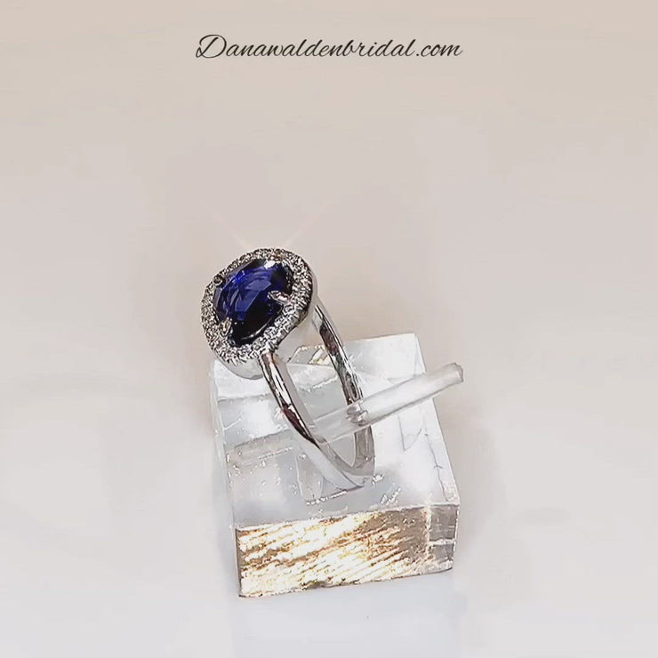 Video Unique Rose Cut Natural Sapphire Engagement Ring with Natural Diamond Halo