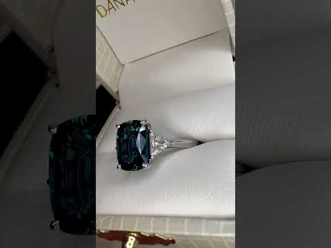 Video Natural Teal 5.11 Carat Sapphire 3 Stone Engagement Ring In Platinum with Triangle Natural Diamond Accents - Side View