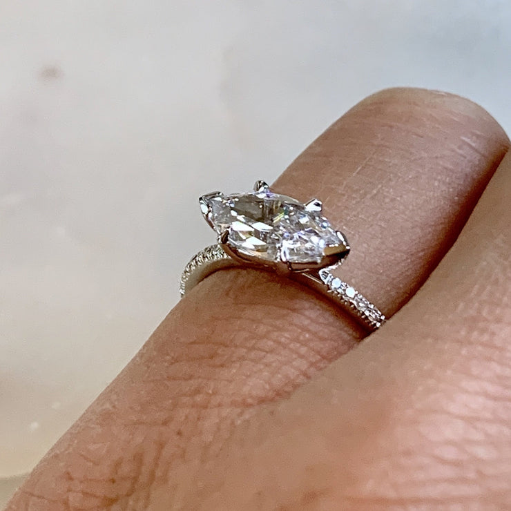 Marquise diamond engagement ring set in white gold or platinum. Dana Walden Bridal.