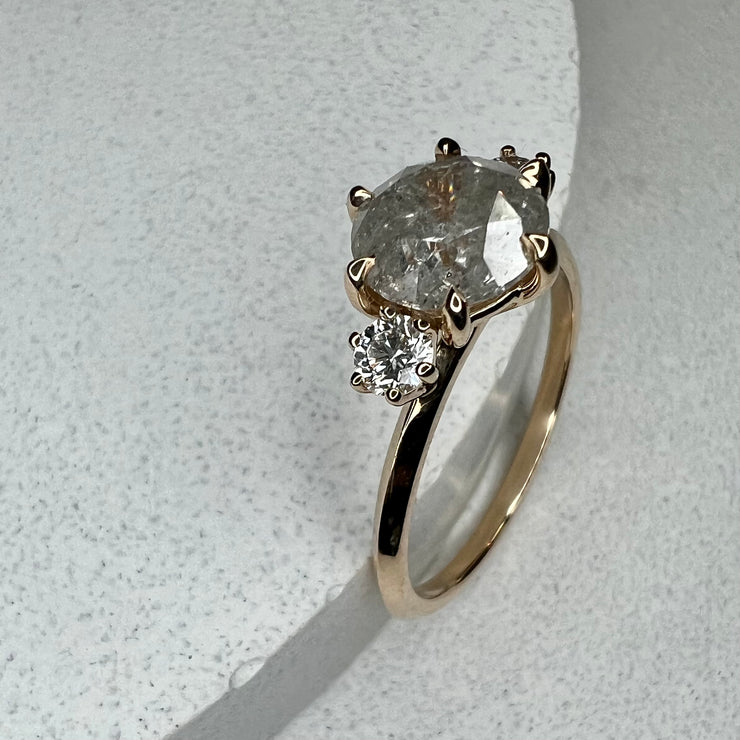 Alternative Engagement Ring - 3 Stone - Luna 1.54 Carat Natural Grey Diamond - Yellow Gold - Salt and Pepper Diamond