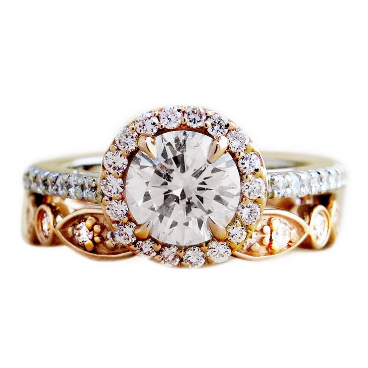 Diamond halo engagement ring with handmade wedding band. DANA WALDEN NYC.