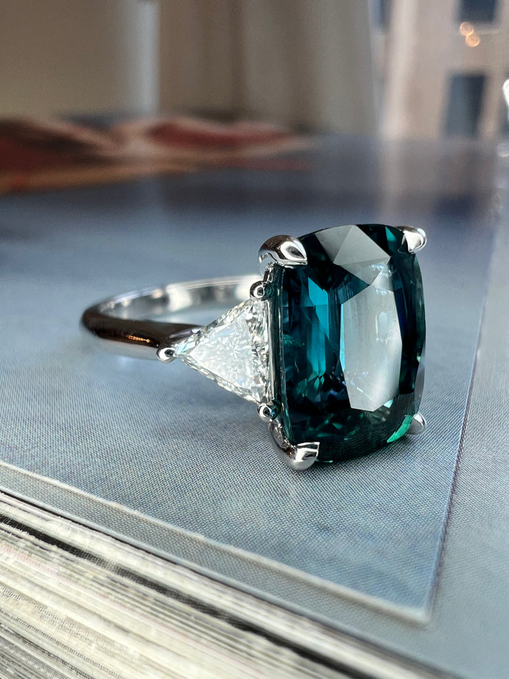 Natural Teal 5.11 Carat Sapphire 3 Stone Engagement Ring In Platinum with Triangle Natural Diamond Accents - Side View