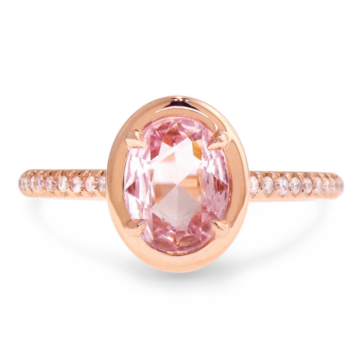 Unique pink sapphire engagement ring set in rose gold- DANA WALDEN BRIDAL.