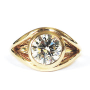 Nicoletta yellow gold bezel set diamond solitaire engagement ring. Made in NYC by Dana Walden Jewelry.