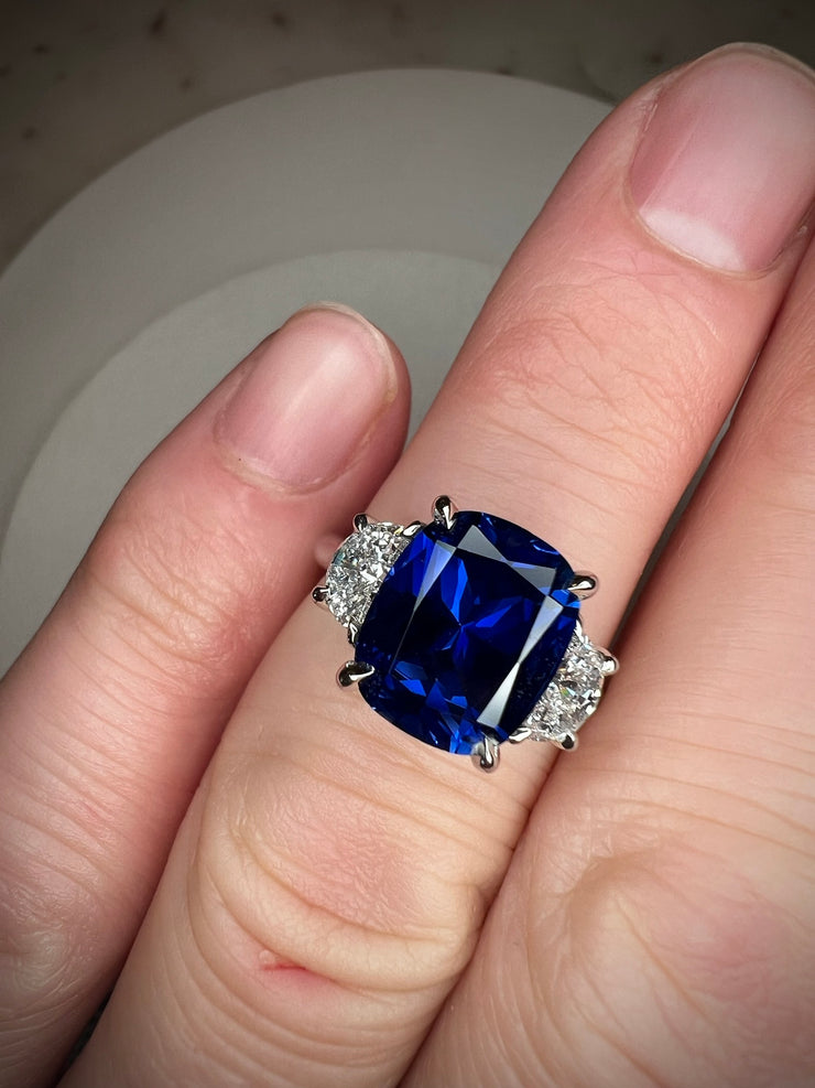 Alexandra Platinum 5.07 ct Lab Sapphire Engagement Ring with Half-Moon Diamond Accents