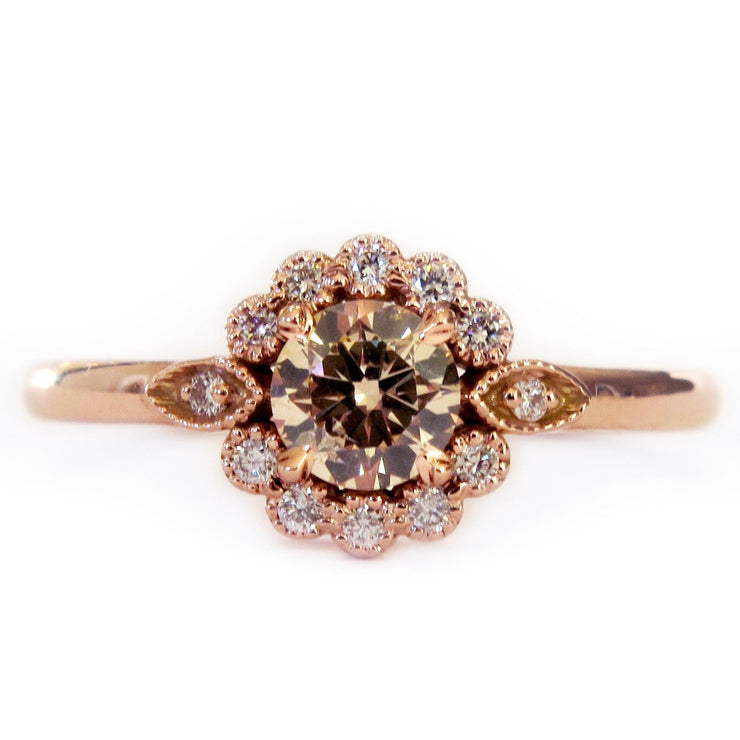 Floral inspired champagne diamond engagement ring by DANA WALDEN BRIDAL.