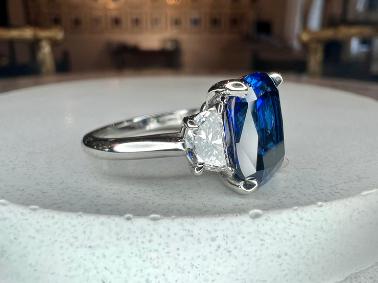 Alexandra Platinum 5.07 ct Lab Sapphire Engagement Ring with Half-Moon Diamond Accents