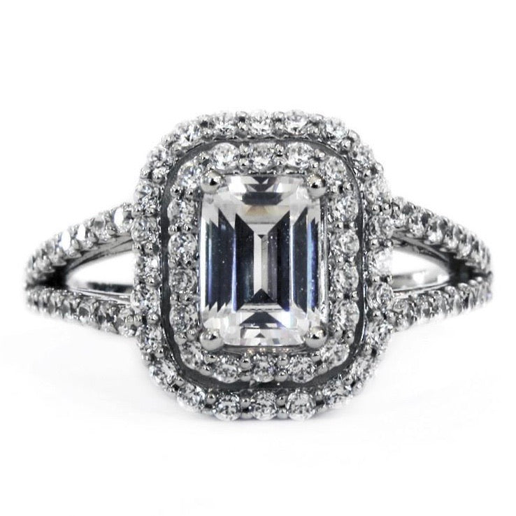 Emerald cut diamond with double halo set in Platinum or White Gold. Dana Walden Bridal NYC.