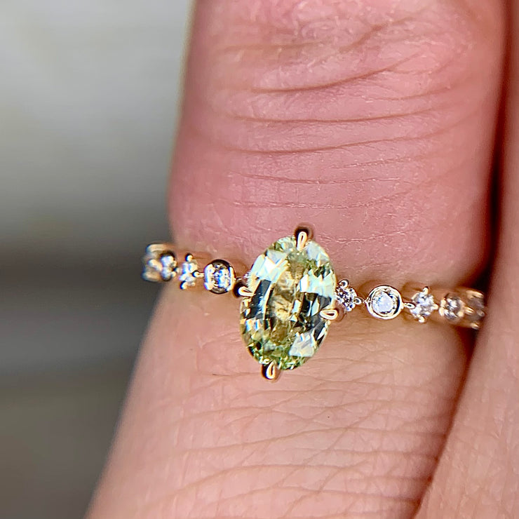Light Green Sapphire Engagement Ring with Thin Diamond Band in Yellow Gold by Dana Walden Bridal, NYC