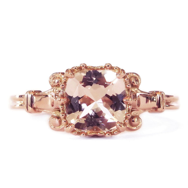 Morganite engagement ring set in rose gold. Edwardian style. DANA WALDEN NYC.