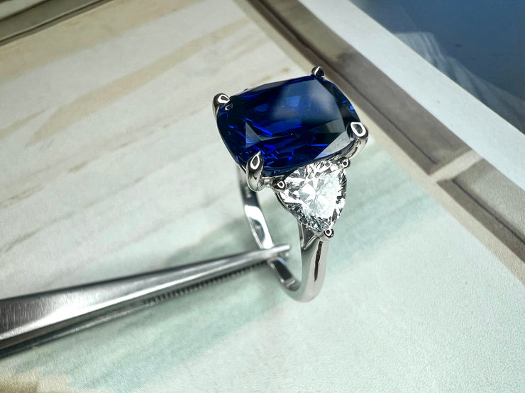 Unique Sapphire 3 Stone Engagement Ring - Large - NAYA 4.97 carat Blue Lab Grown Sapphire with Trillion Side Stones