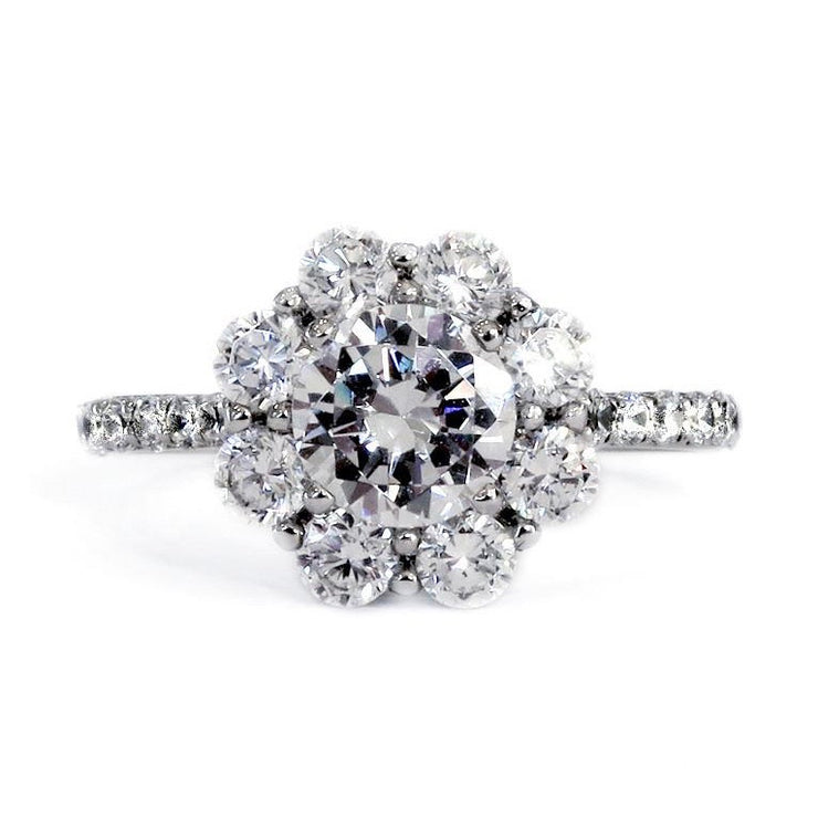 Chunky diamond halo engagement ring named Kendall. Made in NYC using conflict-free diamonds. Dana Walden New York City.