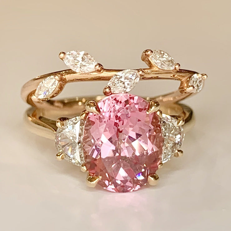 Unique padparadscha pink sapphire engagement ring by DANA WALDEN BRIDAL.