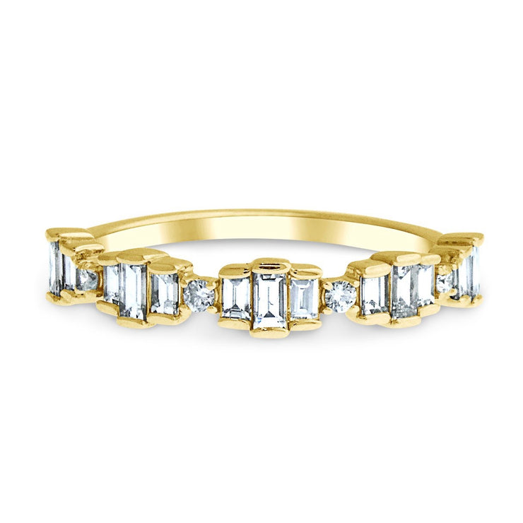 Unique baguette and round diamond wedding band in yellow gold