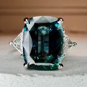 Natural Teal 5.11 Carat Sapphire 3 Stone Engagement Ring In Platinum with Triangle Natural Diamond Accents - Side View