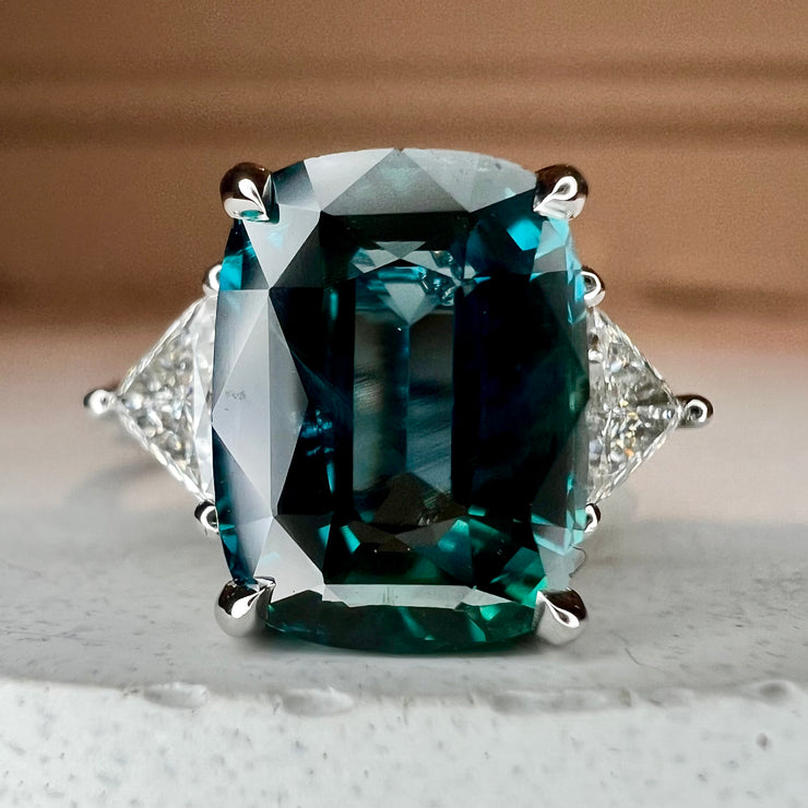 Natural Teal 5.11 Carat Sapphire 3 Stone Engagement Ring In Platinum with Triangle Natural Diamond Accents - Side View