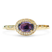 Purple sapphire east west oval engagement ring set in 14k yellow gold - DANA WALDEN BRIDAL.