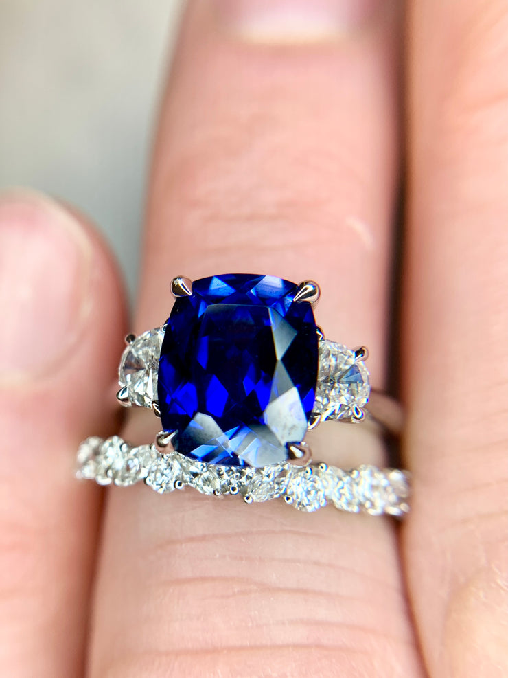 Alexandra 4 carat sapphire engagement ring with diamond wreath wedding band