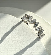 Anna unique baguette diamond eternity band with staggered natural conflict free diamond in 14k white gold