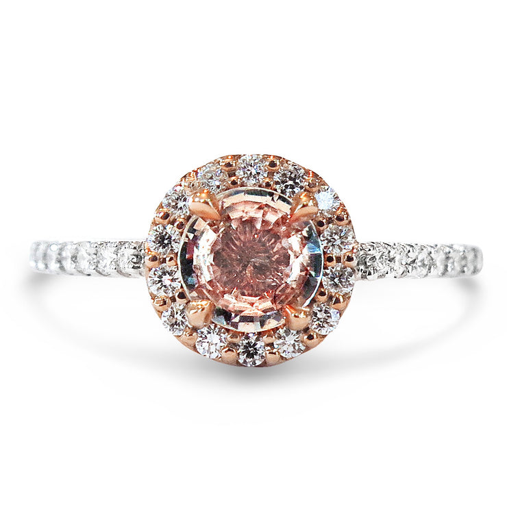 Poet 0.84ct Peach Sapphire & Diamond Halo Engagement Ring