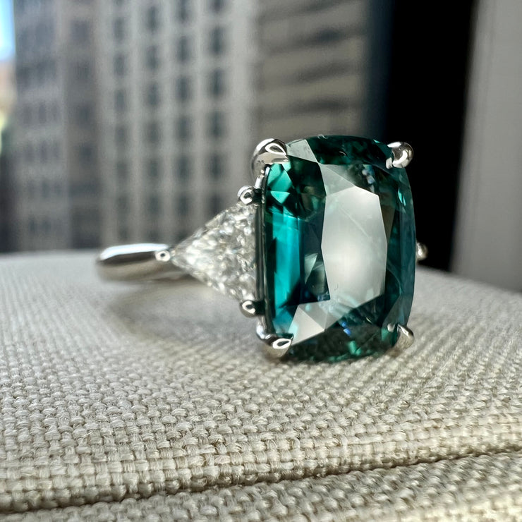 Natural Teal 5.11 Carat Sapphire 3 Stone Engagement Ring In Platinum with Triangle Natural Diamond Accents - Side View