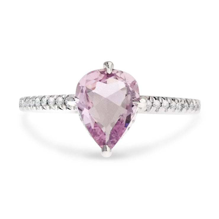 Lavender sapphire pear shaped engagement ring with micro pave diamond band- DANA WALDEN BRIDAL.