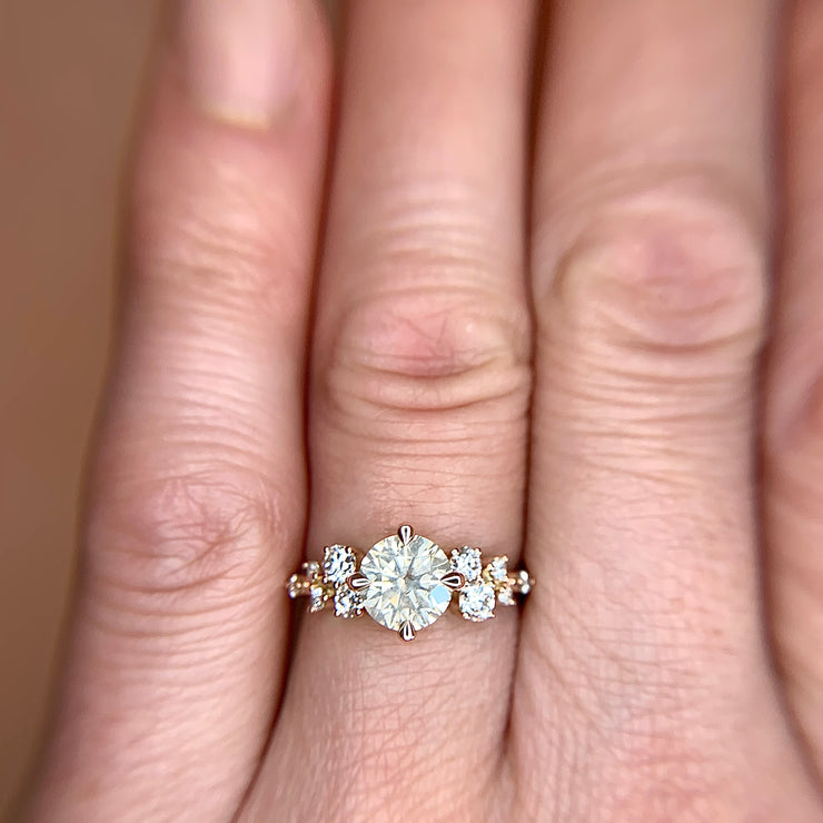 1.60 Gray Natural Diamond Cluster Engagement Ring with NSEW Compass Prongs on Hand in Rose Gold by Dana Walden Bridal