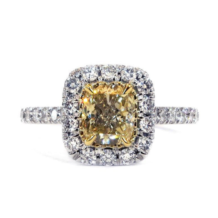 Caterina light yellow diamond engagement ring with white diamond halo and micro pave band. By Dana Walden Bridal New York City.