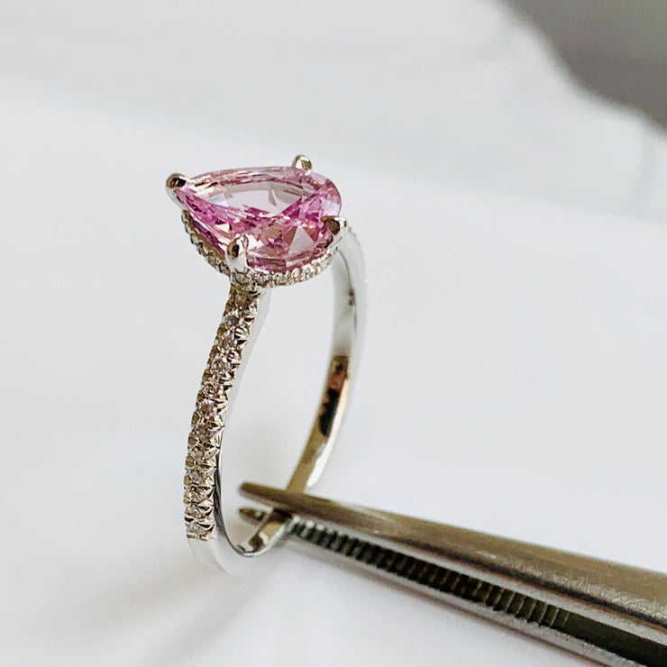 Lavender sapphire pear shaped engagement ring with micro pave diamond band- DANA WALDEN BRIDAL.