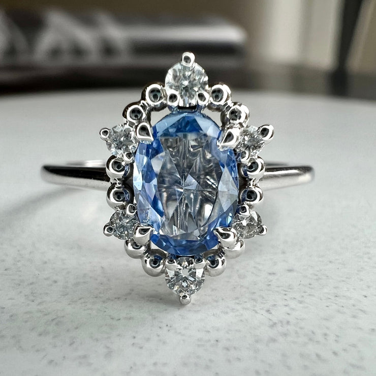 Terry Light Blue 0.80 Carat Natural Sapphire & Diamond Halo Engagement Ring