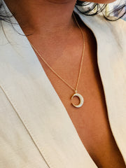 Woman wearing Dana Walden Jewelry's Moonlight Diamond Necklace. Made in the USA.