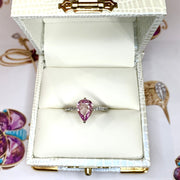 Lavender sapphire pear shaped engagement ring with micro pave diamond band- DANA WALDEN BRIDAL.