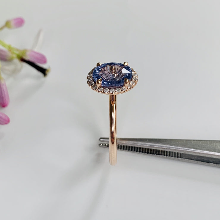 Purple Sapphire Rose Gold Halo Engagement Ring - Side View