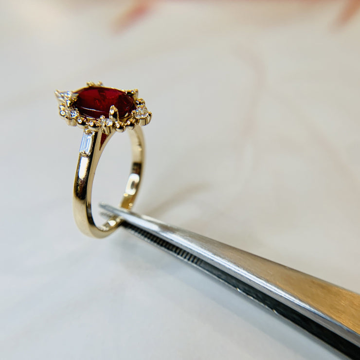 Side view ruby ring, set in yellow gold. DANA WALDEN NYC.
