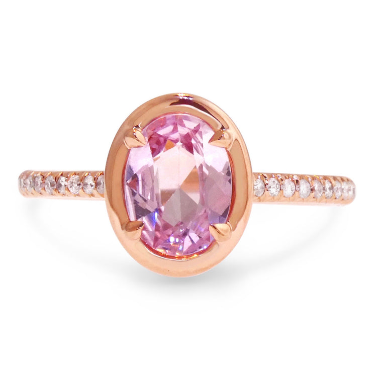 Pink sapphire and diamond engagement ring set in rose gold- DANA WALDEN BRIDAL.