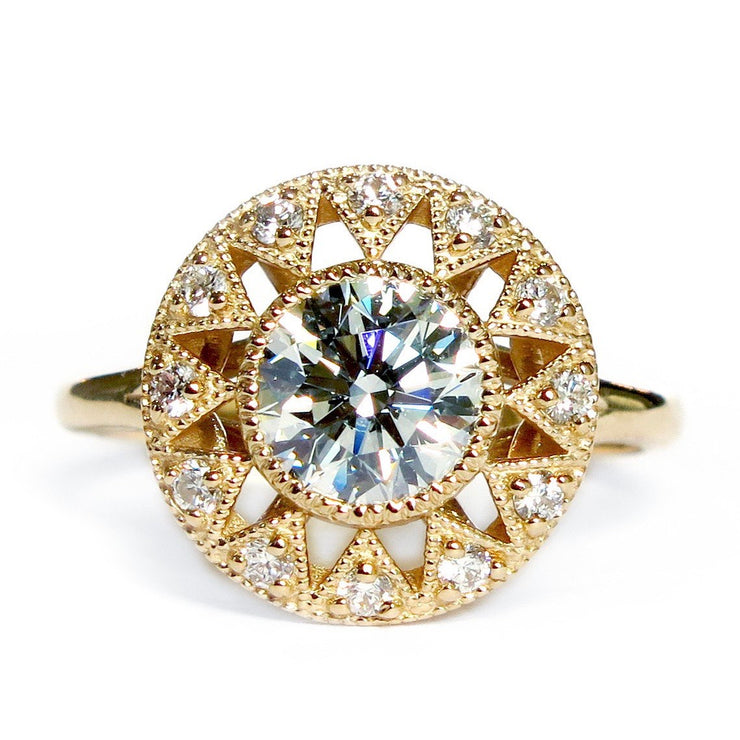 Sienna art deco diamond halo engagement ring set in yellow gold. Dana Walden NYC.