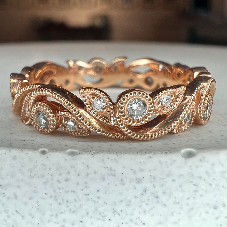 Louise vintage inspired ivy diamond eternity band with floral design in 14k rose gold and natural white diamonds and milgrain 