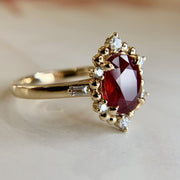 Handmade ruby ring with gold bead and diamond halo. DANA WALDEN BRIDAL, NYC.